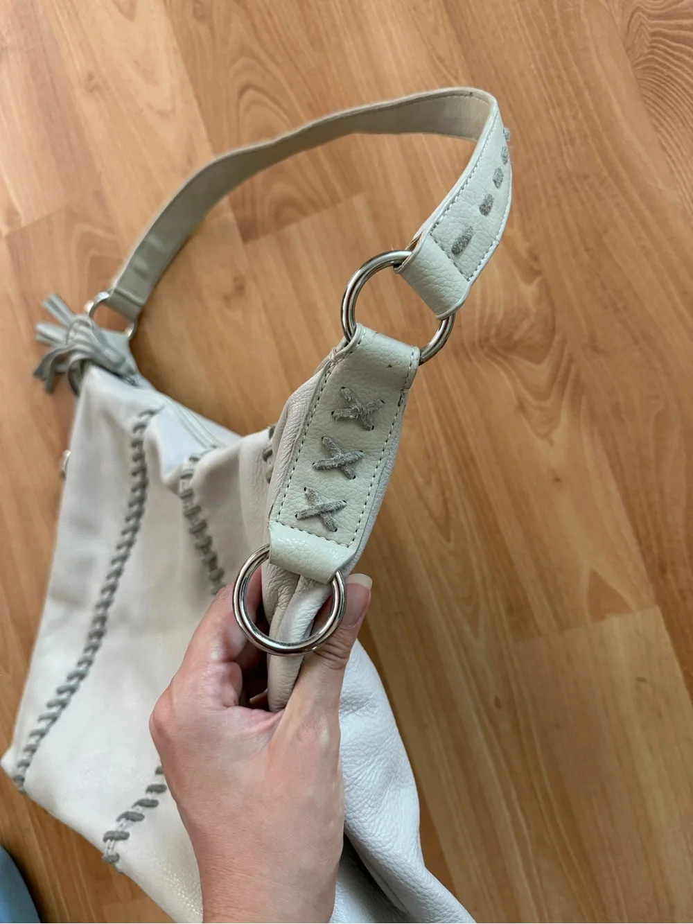 Vintage leather White Stitched Hobo Bag with Tassel